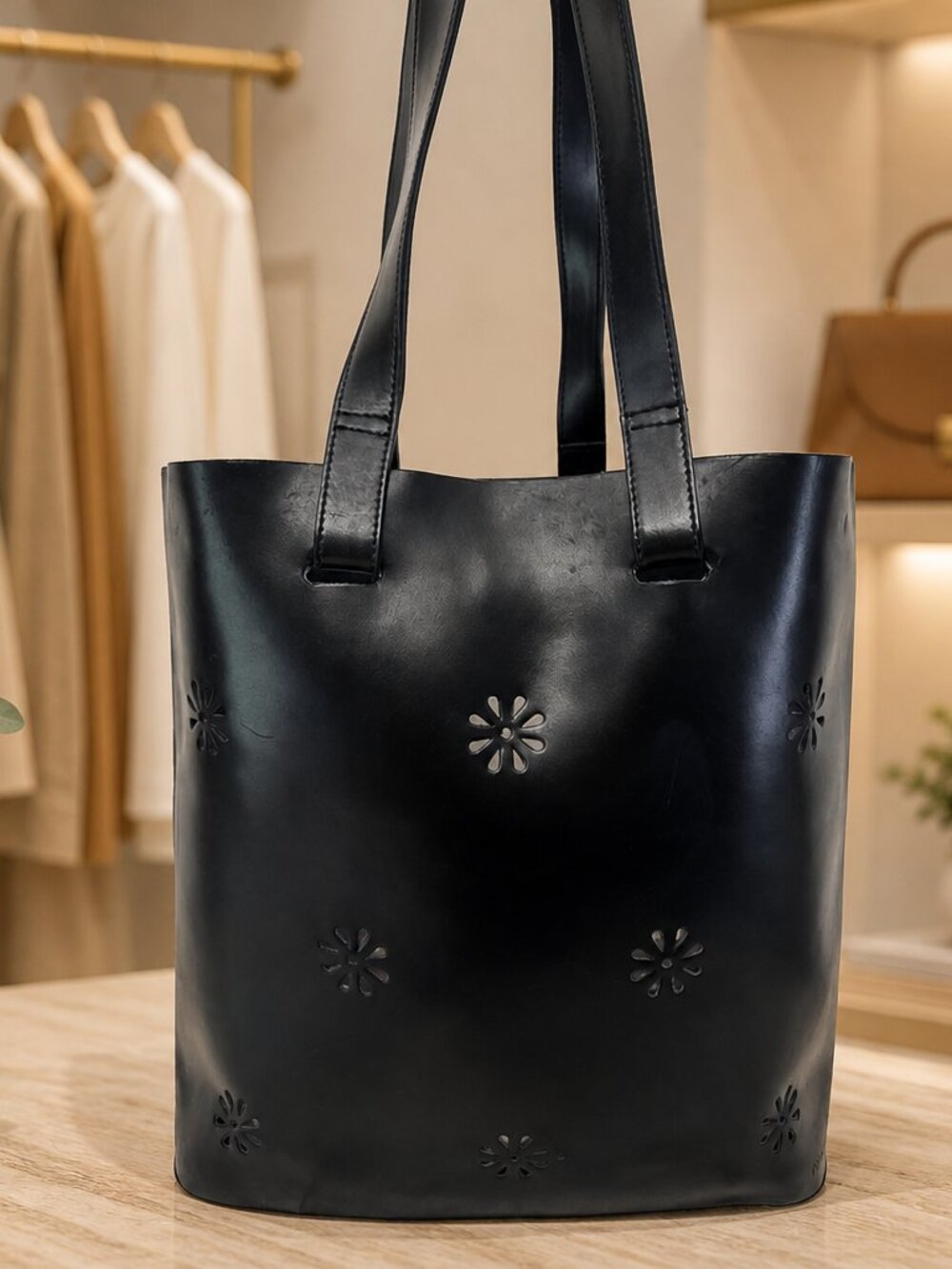 Furla Black Floral Cutout Leather Tote